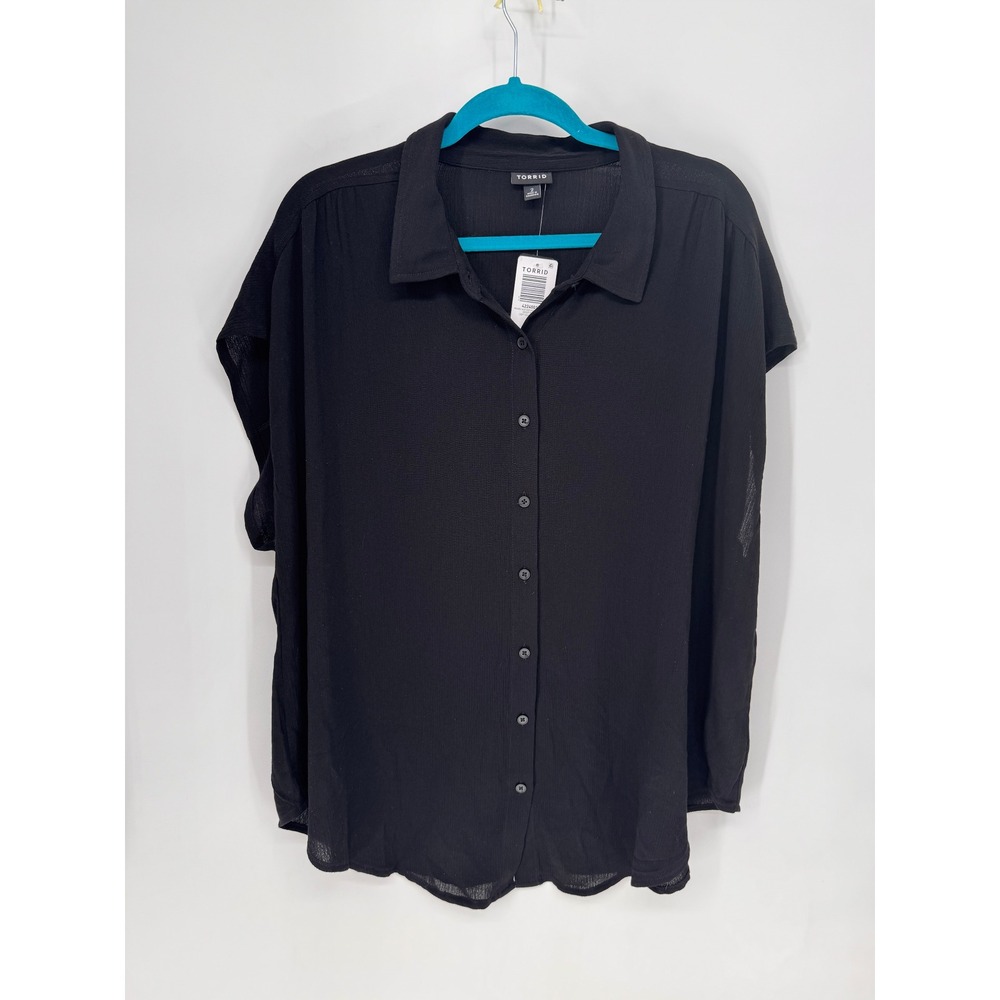 Torrid Button Up Shirt Women 2X Black NWT Washable Gauze Short Sleeve Relaxed